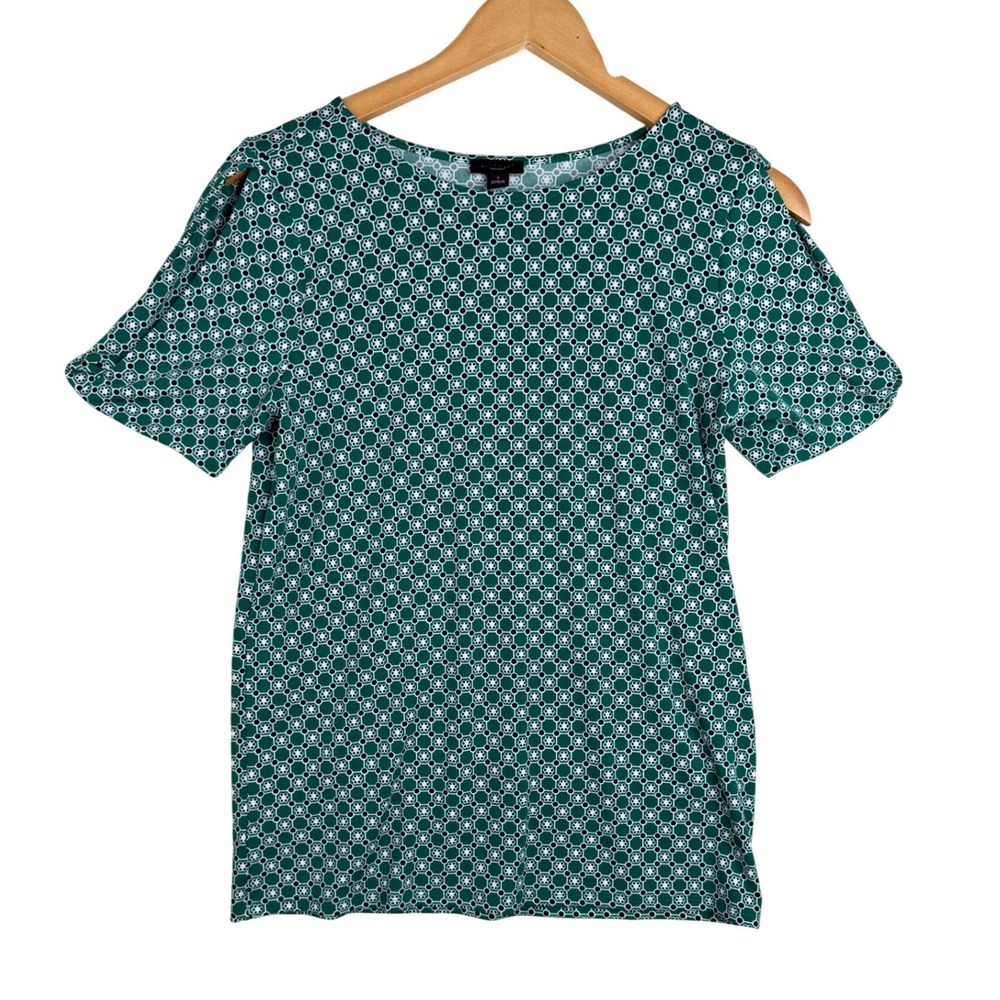 Ann Taylor Geometric Print Slit Short Sleeve Blouse size Small Green/White/Black